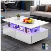 oyajia Couchtisch Wohnzimmertisch Hochglanz mit LED Beleuchtung & Fernsteuerung (Bluetooth-Fernbedienung.App-Steuerung, offenen Fächern,stabil, pflegeleicht, Hochglanz-Design), 90 x 55 x 40cm Beistelltisch,mit 4 Schubladen,Farbwechsel-LEDs