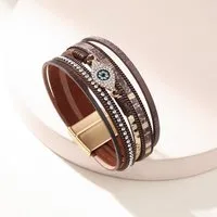 THE FASHION HOUSE Lederarmband Damen Braun mit Strass & Auge-Anhänger – Magnetverschluss, Boho Style