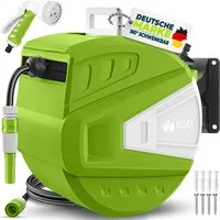 tillvex Schlauchtrommel Wasser mit Wandhalterung + Tragegriff, (Schlauchaufroller mit Handbrause und Gartenschlauch), 180° Schwenkbar Wand-Schlauchbox mit Aufroll-Automatik