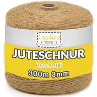 Creative Deco Juteschnur 300 m 2-3 mm 3-lagig Jutekordel Jutegarn Paketband Bastelgarn, 300,00 m, Auf Spule