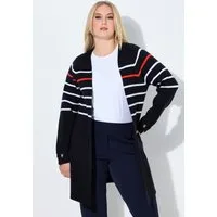 Ulla Popken Langjacke Long-Strickjacke Ringel V-Ausschnitt Langarm