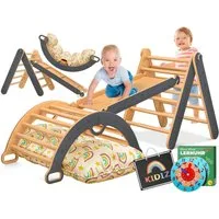 KIDIZ Klettergerüst mit Kletterbogen Montessori 7in1 Spiel-Set aus Holz, (inklusive Rutsche, Kletterdreieck, Kissen, Tafel & Lern-Uhr), Indoor Spielplatz für Kleinkinder ab 1 Jahr & Kinder bis 3 Jahre