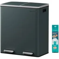 SONGMICS Mülleimer 2 Fächer, Mülltrennsystem, Treteimer, Abfalleimer Küche, 15 Müllsäcke, 2x30L, Inneneimer aus Kunststoff, Klappdeckel, Softclose, luftdicht