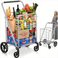 POPOLIC Einkaufstrolley flach zusammenklappbarer Einkaufswagen mit 360° drehbaren Rädern, robust und leicht, extragroßer Allzweckwagen