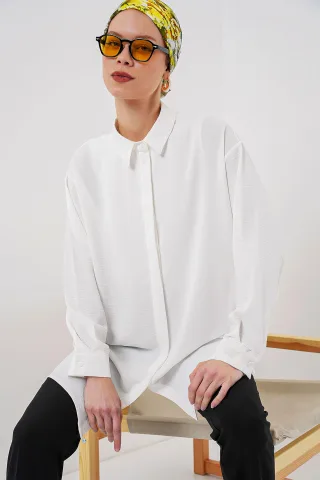 Oversized Langarm-Bluse mit Knopfleiste und Hemdkragen