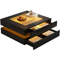 Merax Couchtisch hochglanz Sofatisch Beistelltisch mit LED-Beleuchtung (1-St), Wohnzimmertisch mit Glasplatte und 3 Schubladen, 70x70x35cm