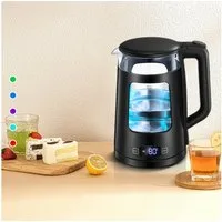 FOHERE Wasserkocher Glas Edelstahl, LED & Temperatureinstellung, Schnellkochfunktion, 1.7 l, 2200 W, mit 5 Farbigen Lichtern