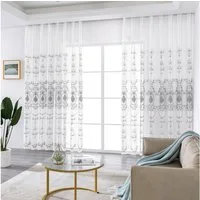 Qelus Gardine 2er Set Bestickt Sheer Voile Vorhänge mit ösen Wohnzimmer Modern, Blumen Durchsichtig Gardinen