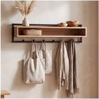 FINEBUY Wandgarderobe FB118750 Hängegarderobe 90cm Garderobe Flurgarderobe Massivholz Metall (Garderobenpaneel mit sechs Haken für deinen Flur), Garderobenleiste mit offener Ablage