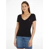 Tommy Jeans Kurzarmshirt TJW SLIM ESSENTIAL RIB V SHORT SLEEVE mit gerippter Struktur, V-Ausschnitt, Slim Fit