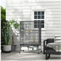 PawHut Vogelkäfig Vogelbauer Vogelvolier mit Ablage, Bodenwanne, Rollen, aus Stahl, 94 x 57 x 153 cm