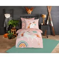 good morning Kinderbettwäsche Unidance, Biber, Flanell, 2 teilig, Biber, 135x200, Warm, Weich, Wende, Reißverschluss, Kind, Einhorn Rosa