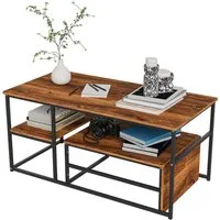 FUROKOY Couchtisch Beistelltisch Sofatisch wohnzimmertisch kaffeetisch 2er set (Quadratische,Set 2 in 1), mit Metallgestell,Holzoptik,Schwarz + Holzmaserung