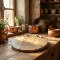 Antikas Wanddekoobjekt Schneidebrett Holz rund natur mit Blumenornament, geschnitzt
