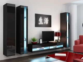 Mediawand Wohnwand 4 tlg - SENTIC 6 - Schwarz Hochglanz inkl.LED
