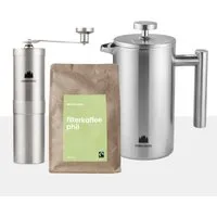 GRØNENBERG French Press Kanne Spar Set 3: Bio Kaffee 250g + Kaffeemühle + French Press (3 Größen), Mit Thermo Effekt & inkl. Ersatz Filter