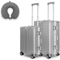 WINLIFE Trolley Hartschalen-Koffer Alu-Rahmen Silber Trolley M, L, XL + Nackenkissen, 4 Doppelrollen Rollen, ABS+PC-Hartschale, TSA-Zahlenschloss, 360°-Doppelrollen