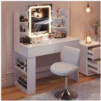 HOMALL Schminktisch Set aus Schminktisch und Hocker, mit einstellbarer Helligkeit (Maße: 90/110 × 40 × 135 cm, LED-Beleuchtung, 8 offene Fächer + 2 Schubladen, Seitenteile nach links oder rechts austauschbar, für eine bessere Raumnutzung)