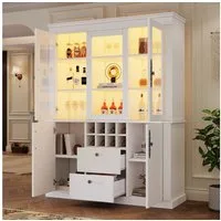 Merax Standvitrine Vitrine mit LED und Weinregal (Standregal Schrank, 1-St) Wohnzimmerschrank mit Glas, 4 Türen & 2 Schubladen, 130x37,5x170,5cm