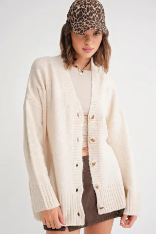 Knopf-V-Ausschnitt Rippstrickcardigan