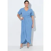 Ulla Popken Midikleid Maxikleid Wickeloptik V-Ausschnitt Ballon-Halbarm
