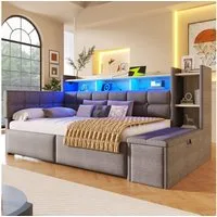 REDOM Schlafsofa zwei Schubladen & Ablagefach, USB- und Typ-C-Anschlüsse, mit Samtbezug, LED-Lichtleiste,Polsterbett Kinderbett 90×190 cm, ohne Matratze