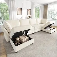Merax Ecksofa mit 2 Stauraum-Hockern, modulares U-/L-Sofa aus Chenille, 289 × 137 × 84 cm 1 Teile, 6-Sitzer-Sofa mit 2 Kissen, frei kombinierbares Couch in Cloud-Design