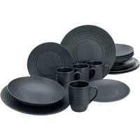 CreaTable Kombiservice Geschirr-Set Lava Stone (16-tlg), 4 Personen, Steinzeug, Service, schwarz, erhabenenes Relief, 16 Teile, für 4 Personen