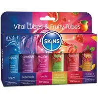 SKINS Condoms Gleitgel Vital & Fruity Tubes, 6 Tuben mit je 12ml, 6-tlg., verschiedene Sorten Gleitgel im Sortiment