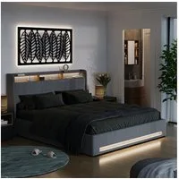 VitaliSpa® Polsterbett Christin, Grau/Eiche, 180x200 mit LED und USB-Anschluss (1-tlg)