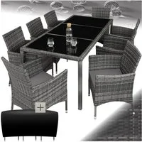 tectake Sitzgruppe Polyrattan Gartenmöbel Set für 8 Personen, wetterfest, UV-beständig, (Gartenmöbel Garnitur Almansa, 9-tlg., in Grau-meliert/grau), Sicherheitsglasplatte und Schutzhülle für langfristige Nutzung