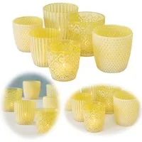 LS-LebenStil Teelichthalter 6x Glas Teelichtgläser Retro Gelb 7-9cm Set Windlicht (6´er Set Kristall Ornament Windlicht für Teelichter, 6 St., Halter Kerzenständer Tischdeko Kerzenhalter Gläser für Teelichter), Deko Hochzeit Ostern Weihnachten Konfir