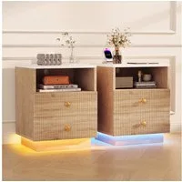 ADWOLT Nachttisch Nachtschrank mit 2 Schubladen (Set, 1-St., 2er Set), Beistelltisch mit Ladestation und LED Offenes Fach