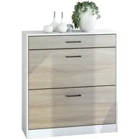 Vladon Schuhschrank Elvas (Schuhkipper, für 16 Paar Schuhe mit 2 Klappen und Schublade) Weiß matt / Eiche sägerau, (89 x 95,5 x 27 cm)