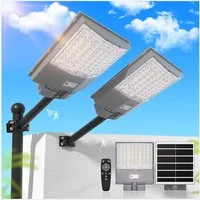 Rhein Beleuchtung LED Solarleuchte 1000W Solarlampen für Außen – Solar Strahler Außen mit Fernbedienung, Für Wand, Parkplatz, Garten Straße – inkl. Mast Montageset, LED fest integriert, Einstellbare Farbtemperatur, Bewegungsmelder, Timer & 240° Licht