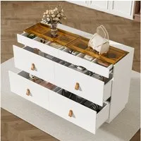 Flieks Kommode mit Glas-Arbeitsplatte, 6 Schubladen und Kunstledergriffen (1 St., B120/T40/H78 cm), Mehrzweckschrank Schmuckschrank Holzschrank Weiß