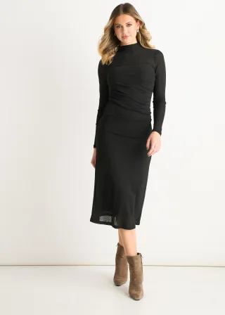 Schwarzes gerafftes Jersey Midikleid mit langen Ärmeln