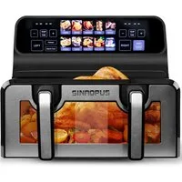 WHEELYOU Heißluftfritteuse 9L, 2200W Doppelkammer-Airfryer mit Sichtfenster, Touchdisplay & 10 Programmen, 2200 W, XXL Airfryer mit Doppel-/Einzelkammer, 360° Heißluft und 50–200 °C