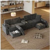 Odikalo Big-Sofa Wohnlandschaft U-Form mit Hockern & Couchtisch, Stauraum Lade-Funktion
