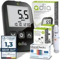 ADIA Blutzuckermessgerät adia Blutzuckermessgerät Set + 110 Teststreifen + 110 Lanzetten mmol/l