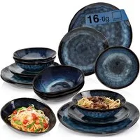 SÄNGER Tafelservice Tokio Geschirrset (16-tlg), 4 Personen, Steingut, Blau Schwarz, Handmade, Premium Collection
