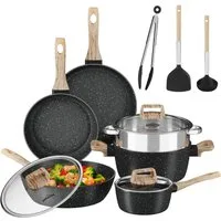 HOMELUX Topf-Set Kochgeschirr-Set, Induktions Töpfe Set, Antihaftbeschichtung, Aluminium, Edelstahl (Pfanne 24/28cm, Tiefe Bratpfanne 28cm, 12-tlg., Topf mit Dampfgarer 24cm, Milchtopf 16cm), Induktion