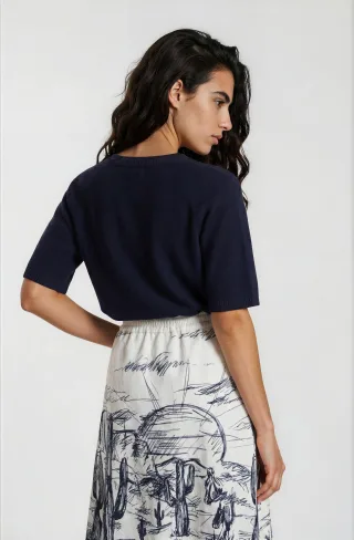 Milano Italy - midi skirt with elastic wb pockets in sideseam navy print - Gr. - 36