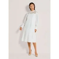 MADELEINE Midikleid Sommerkleid aus Naturgarn und Spitze Leinenkleid mit Stehkragen, Knopfverschluss und langen Ärmeln
