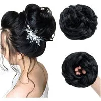 LuxusKollektion Echthaar-Extension Haarteil Echthaar Gummiband Dutt Haargummi Hairbun 55 g Dunkelschwarz