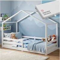 Bellabino Hausbett Abia mit Lattenrost und Rausfallschutz (weiß, mit Matratze), bodentiefes Kinderbett 90x200 cm, auch verfügbar in 120/140x200 cm