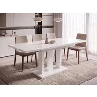 Endo-Moebel Säulen-Esstisch "Appia White" 130-210cm ausziehbar, erweiterbar, modern (1 Tisch), 2 Erweiterungsplatten, für 4, 6 oder 8 Personen, weiße Beine