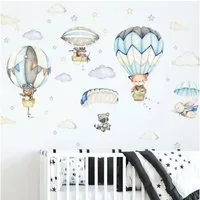 Montegoni Wandsticker Kinder Tier Heißluftballon Wandsticker,Wandaufkleber Deko (Wandtattoo mit Waldtieren für Kinderzimmer, aquarell tiere heißluft ballon wolken aufkleber), wasserdichte abnehmbare, kindergarten haus dekoration