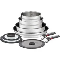 Tefal Pfannen-Set Jamie Oliver Ingenio, Pfannenset abnehmbarer Griff, antihaftversiegelt, Edelstahl (Set, 9-tlg., 2x Pfannen Ø 24/28 cm, 2x Kasserollen Ø 16/20 cm, 3x Deckel, 2x Griffe), stapelbar, platzsparend, einfache Reinigung, Induktion, L97699