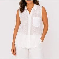 Mississhop Shirtbluse Damen Shirtbluse ärmellos Baumwolle – Bluse mit Stickerei GR. 46-48